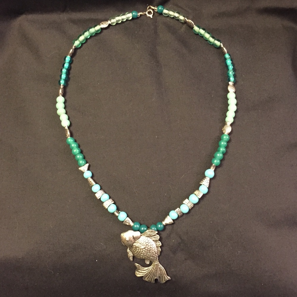 Fish themed necklace blue green beads fish charm